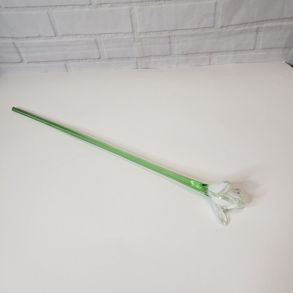 Lampwork Glass Long Stem Flower White Clear Orchid Lily Bloom Sculpture 19"